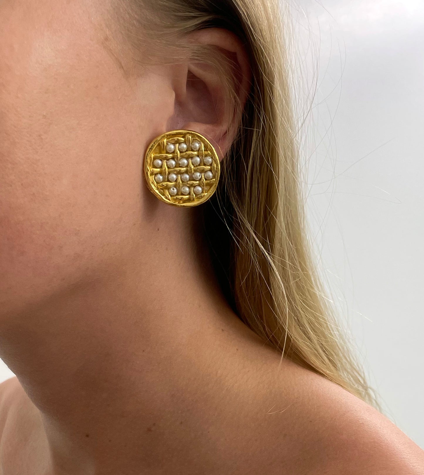 Rare Vintage Jacky De G Pearl Basket-Weave Earrings