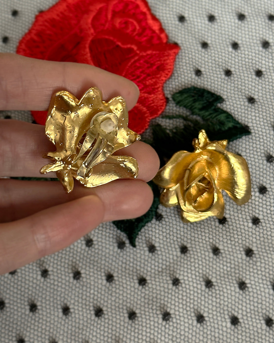 Vintage Gold Rose Sculptural Earrings