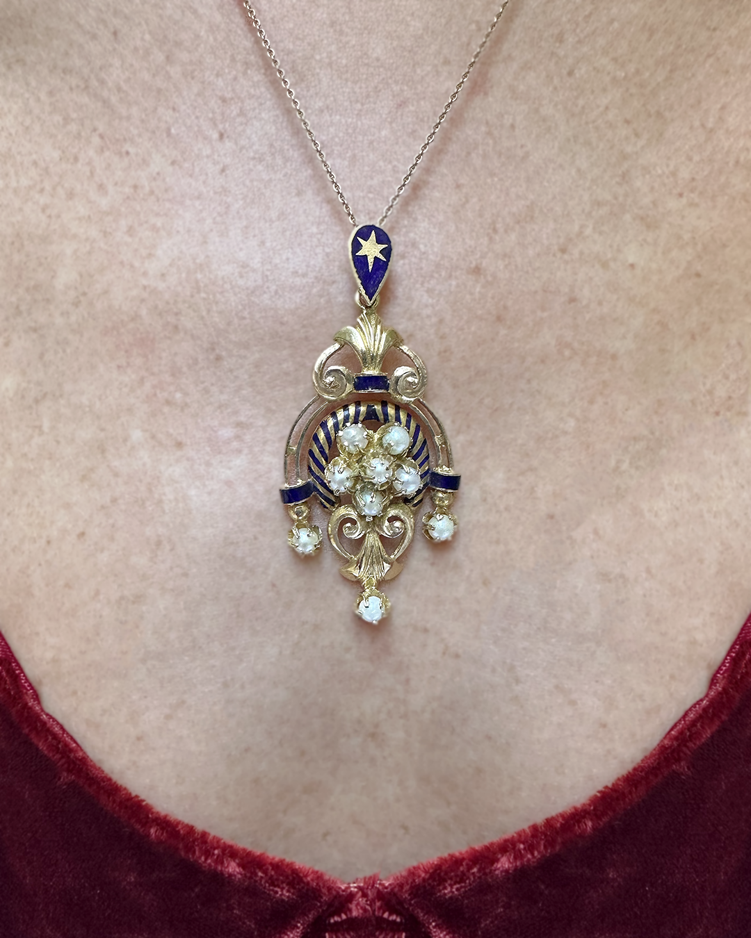 Vintage European 14k Gold Enamel Lavalier Pendant With Seed Pearls