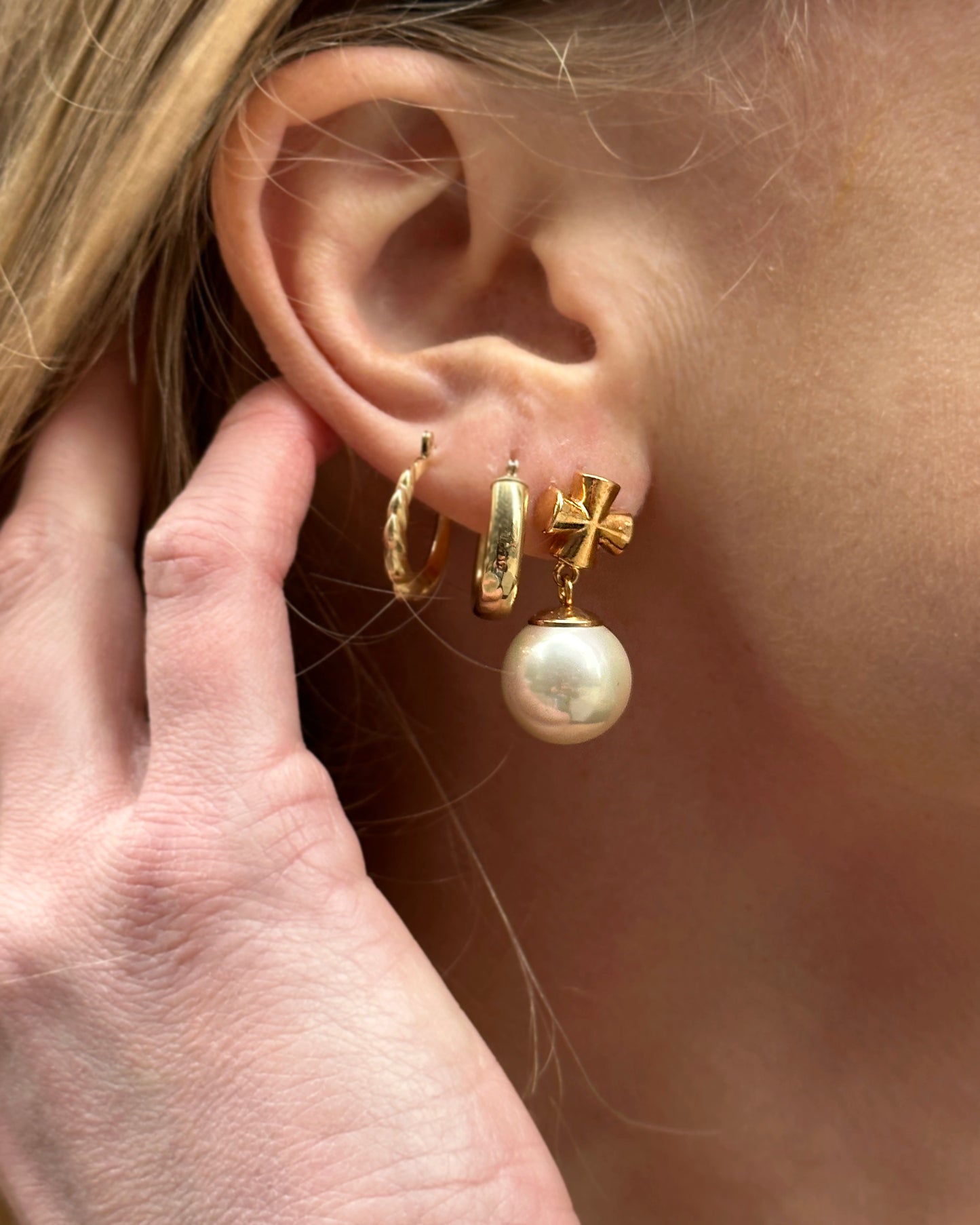 Vintage Gold Cross + Pearl Drop Earrings