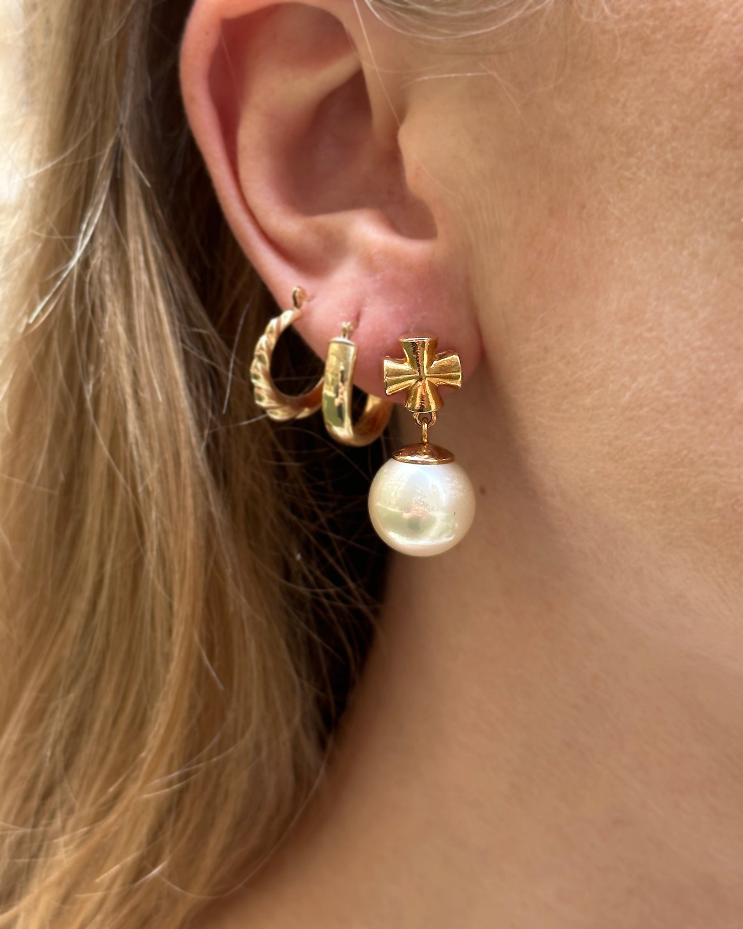 Vintage Gold Cross + Pearl Drop Earrings