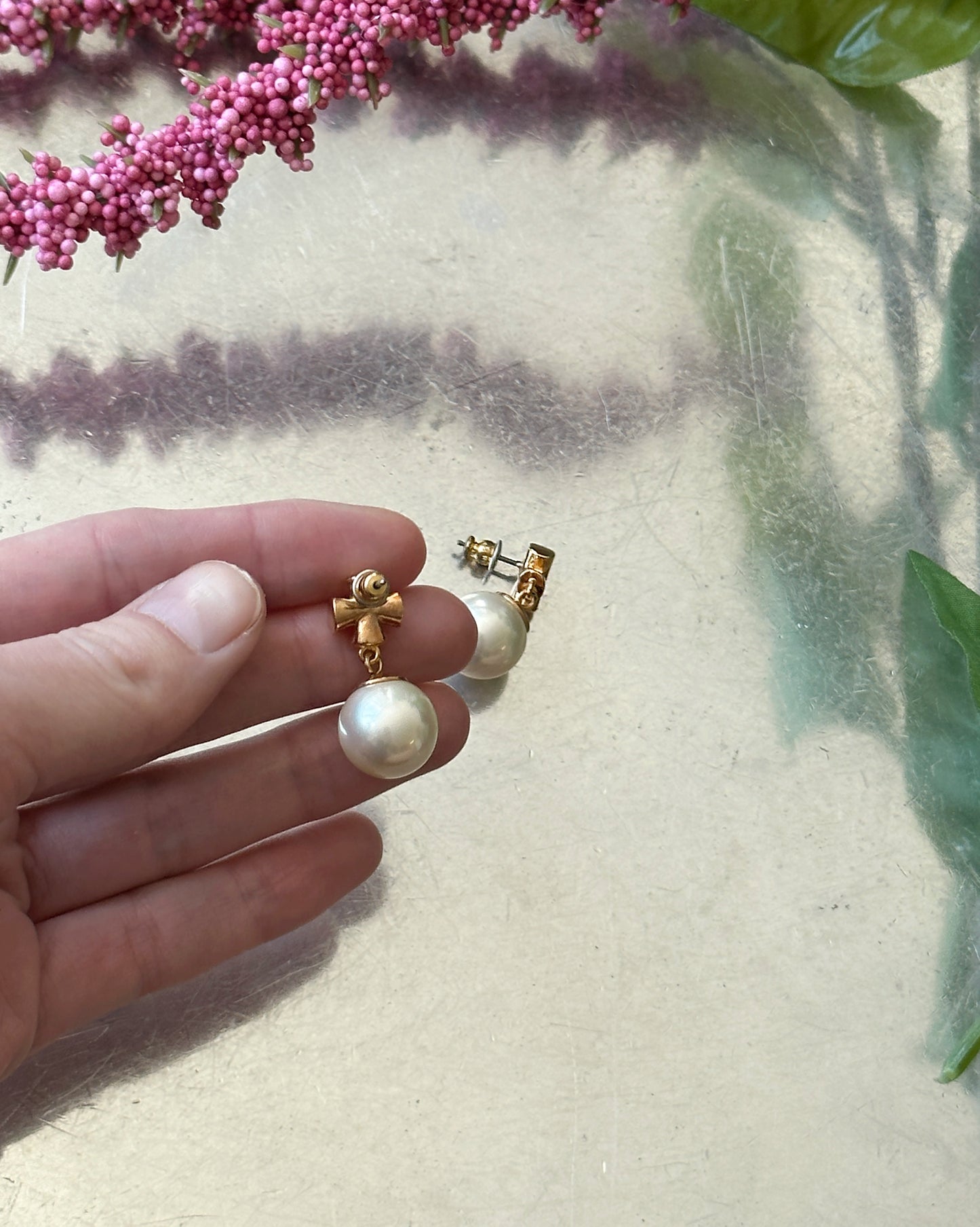 Vintage Gold Cross + Pearl Drop Earrings