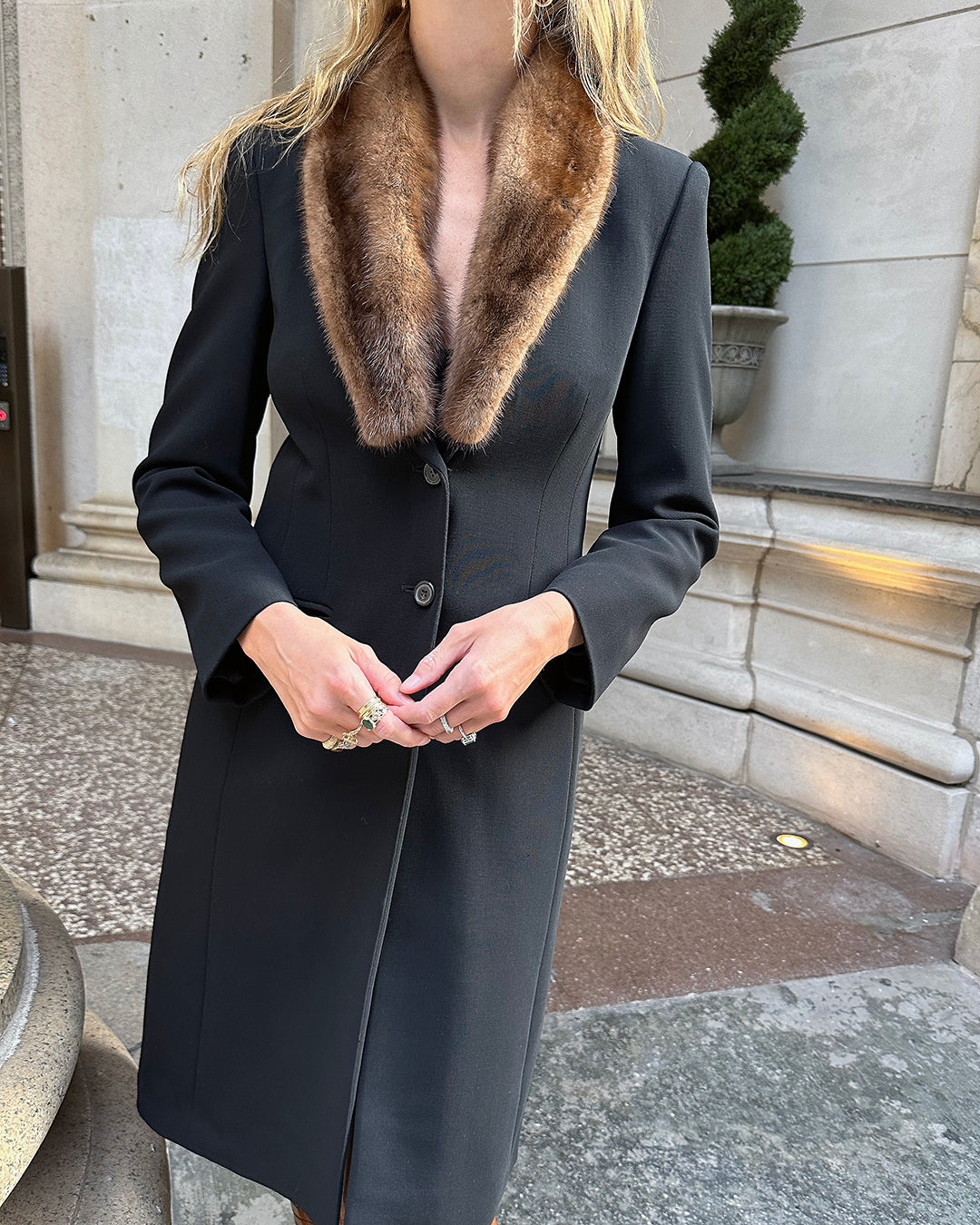 90s Designer Vintage Mink-Trimmed Wool Coat