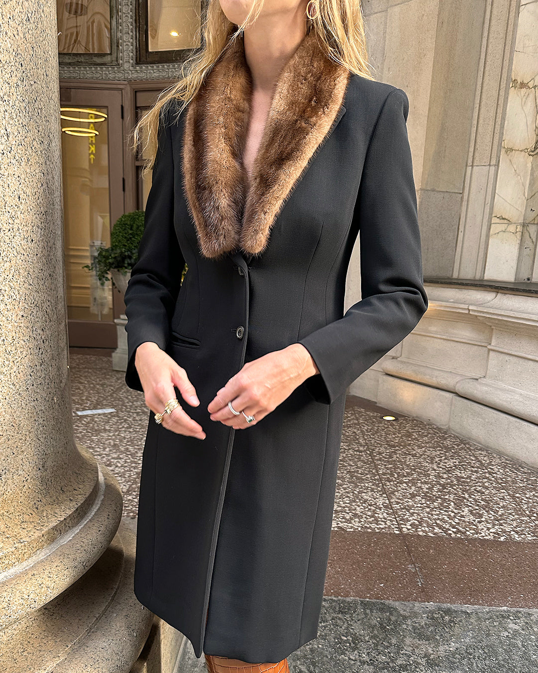 90s Designer Vintage Mink-Trimmed Wool Coat