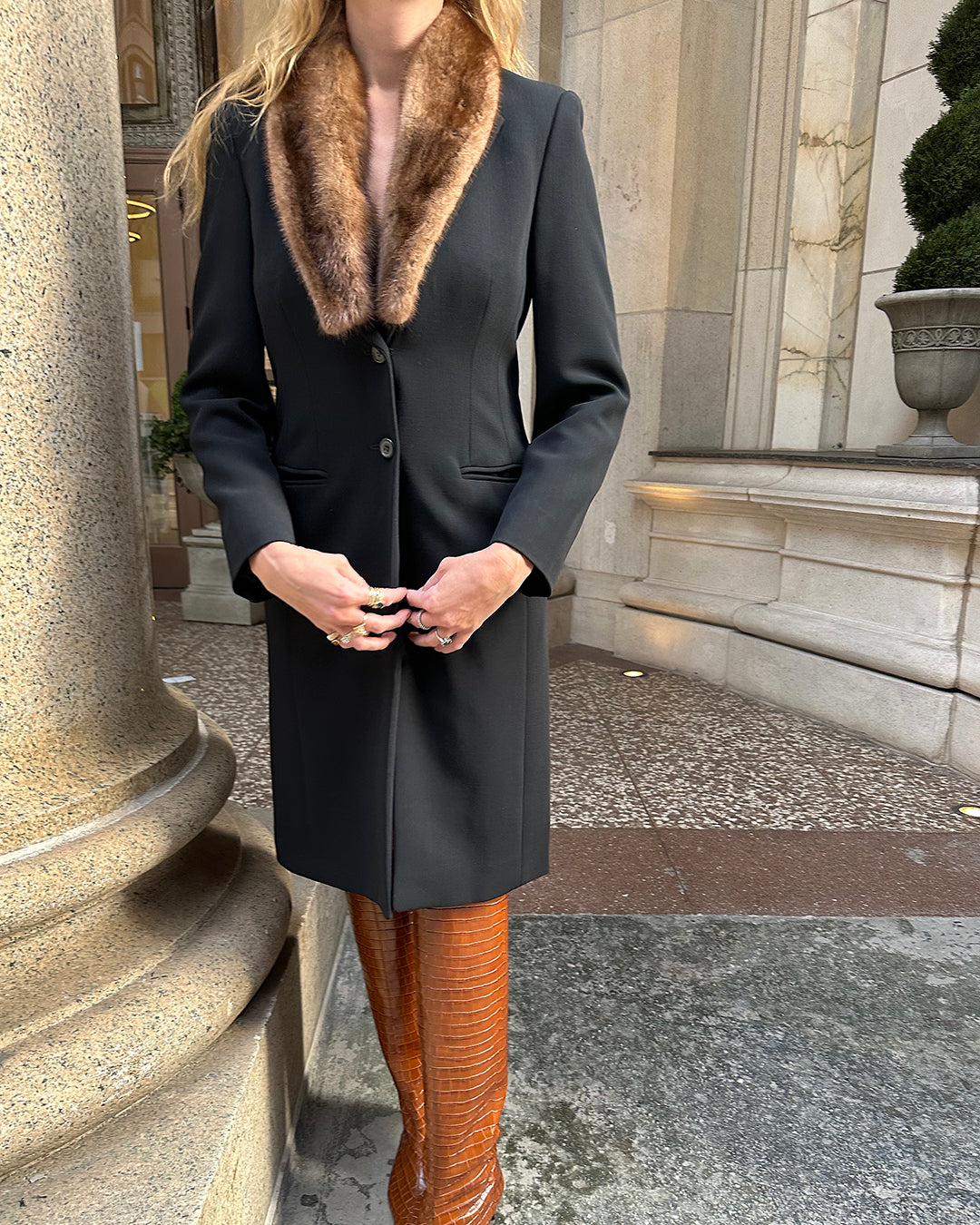 90s Designer Vintage Mink-Trimmed Wool Coat