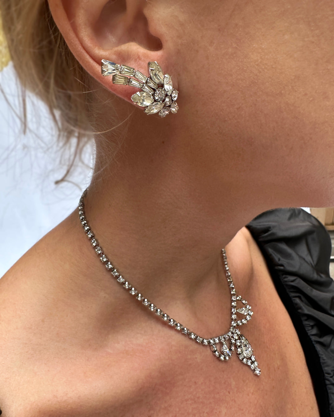 Vintage 1940s Diamanté Parure Necklace And Earclips