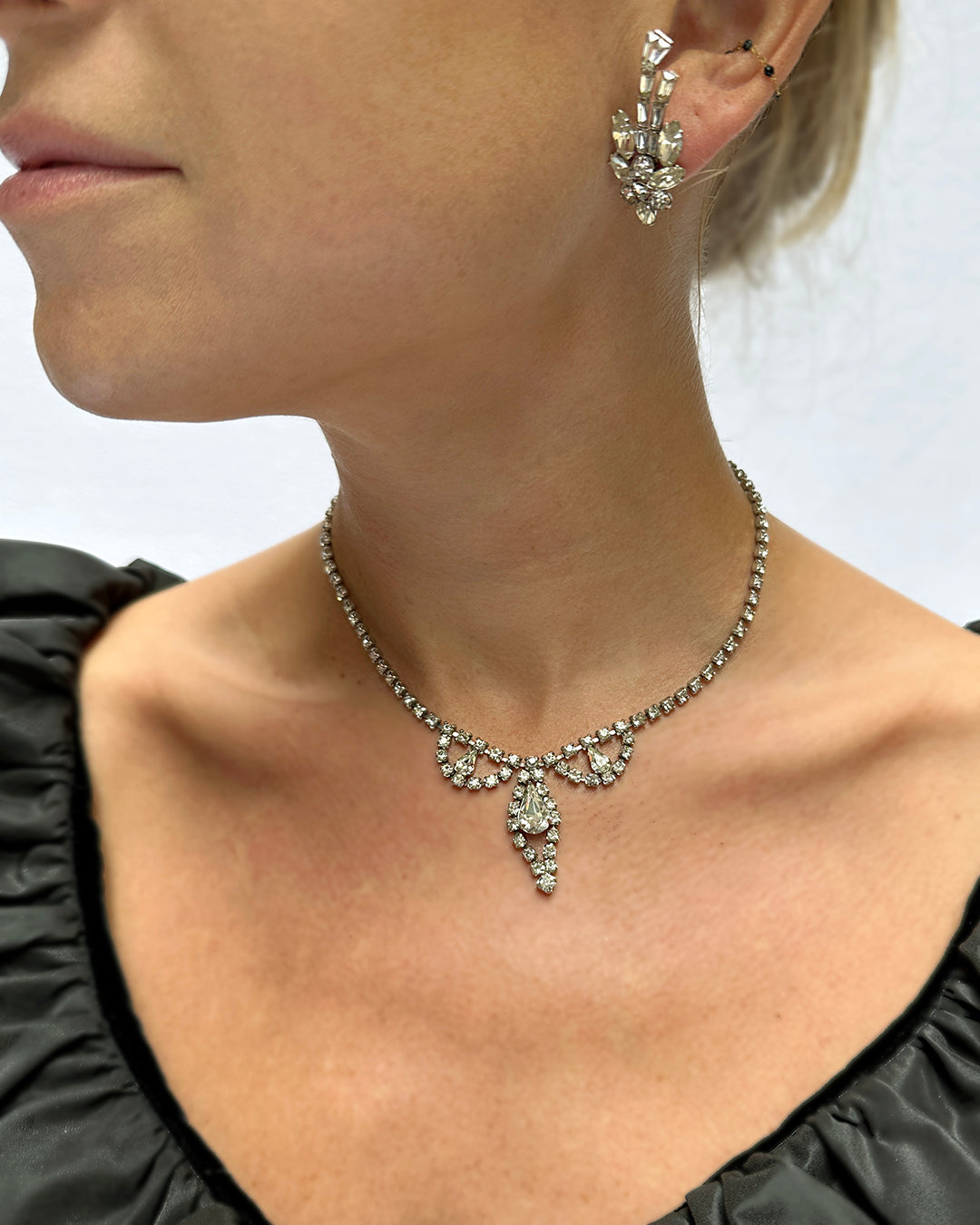 Vintage 1940s Diamanté Parure Necklace And Earclips