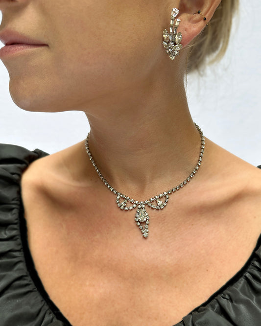 Vintage 1940s Diamanté Parure Necklace And Earclips
