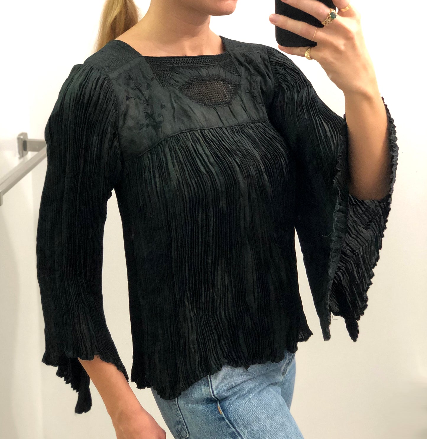 Rare Vintage Embroidered Plissé Peasant Top