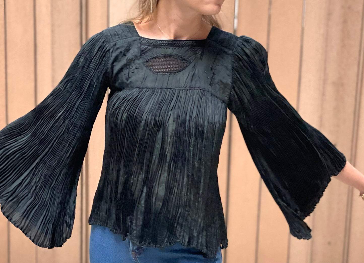 Rare Vintage Embroidered Plissé Peasant Top