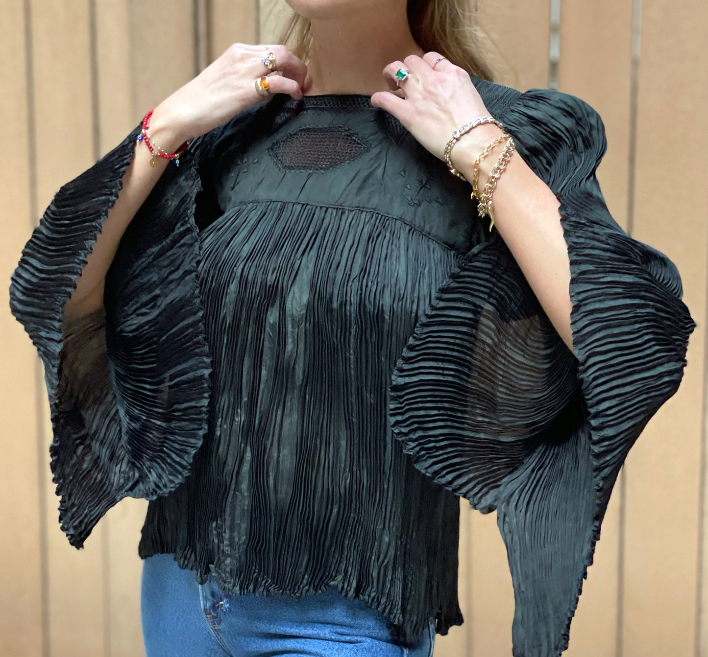 Rare Vintage Embroidered Plissé Peasant Top