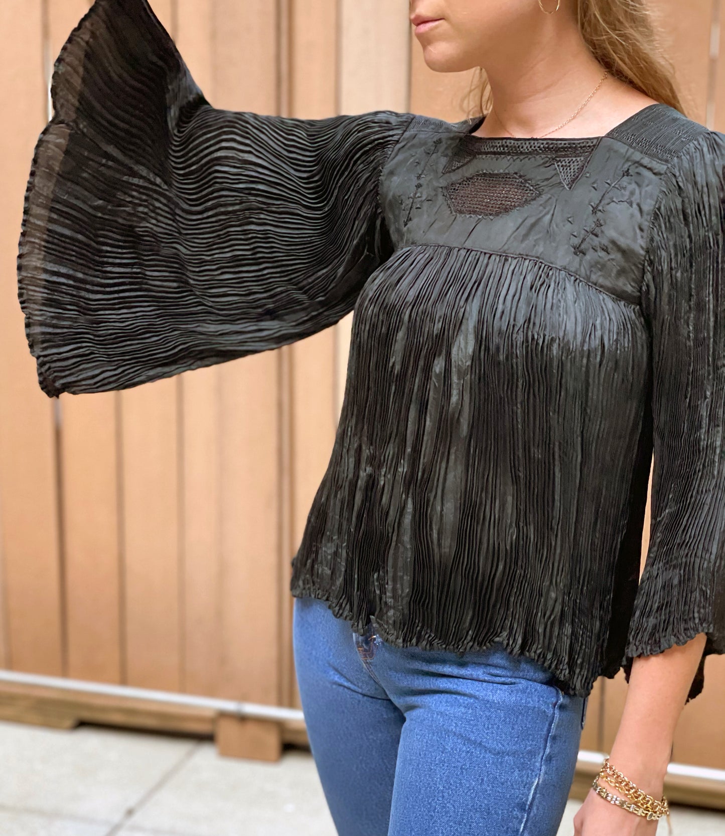 Rare Vintage Embroidered Plissé Peasant Top