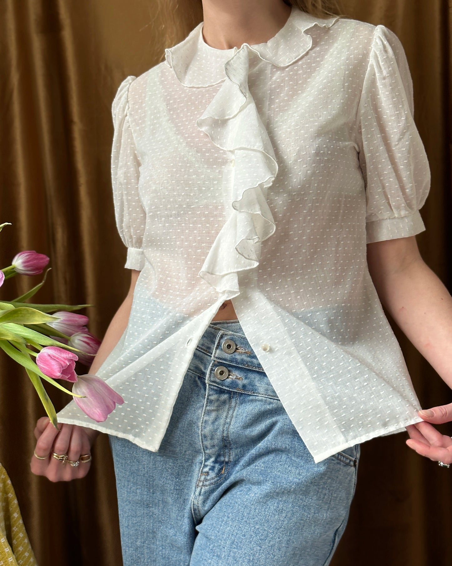 Vintage Ruffled Swiss Dot Blouse