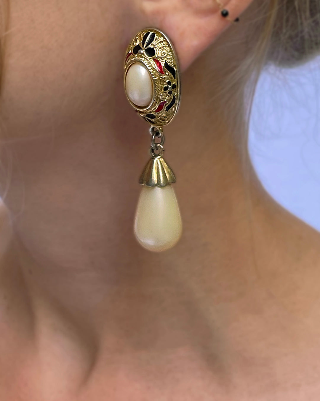 Vintage Enameled Gold Pearl Drop Standard Earrings