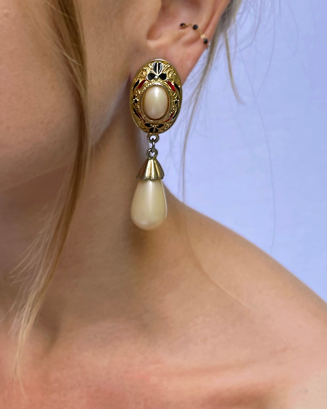 Vintage Enameled Gold Pearl Drop Standard Earrings