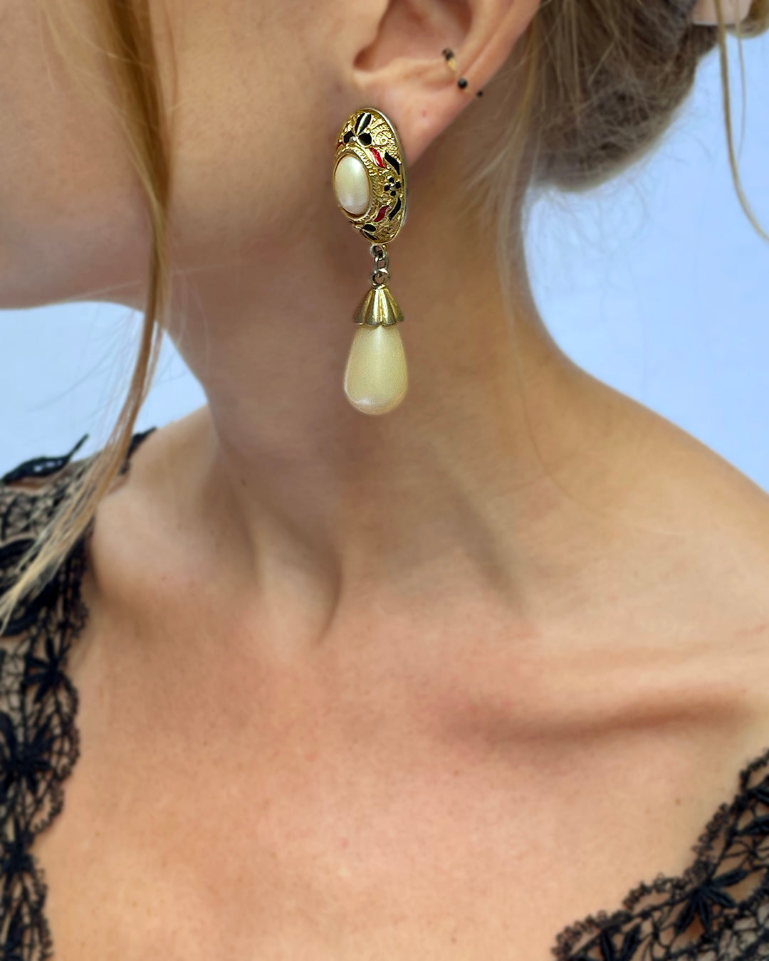 Vintage Enameled Gold Pearl Drop Standard Earrings