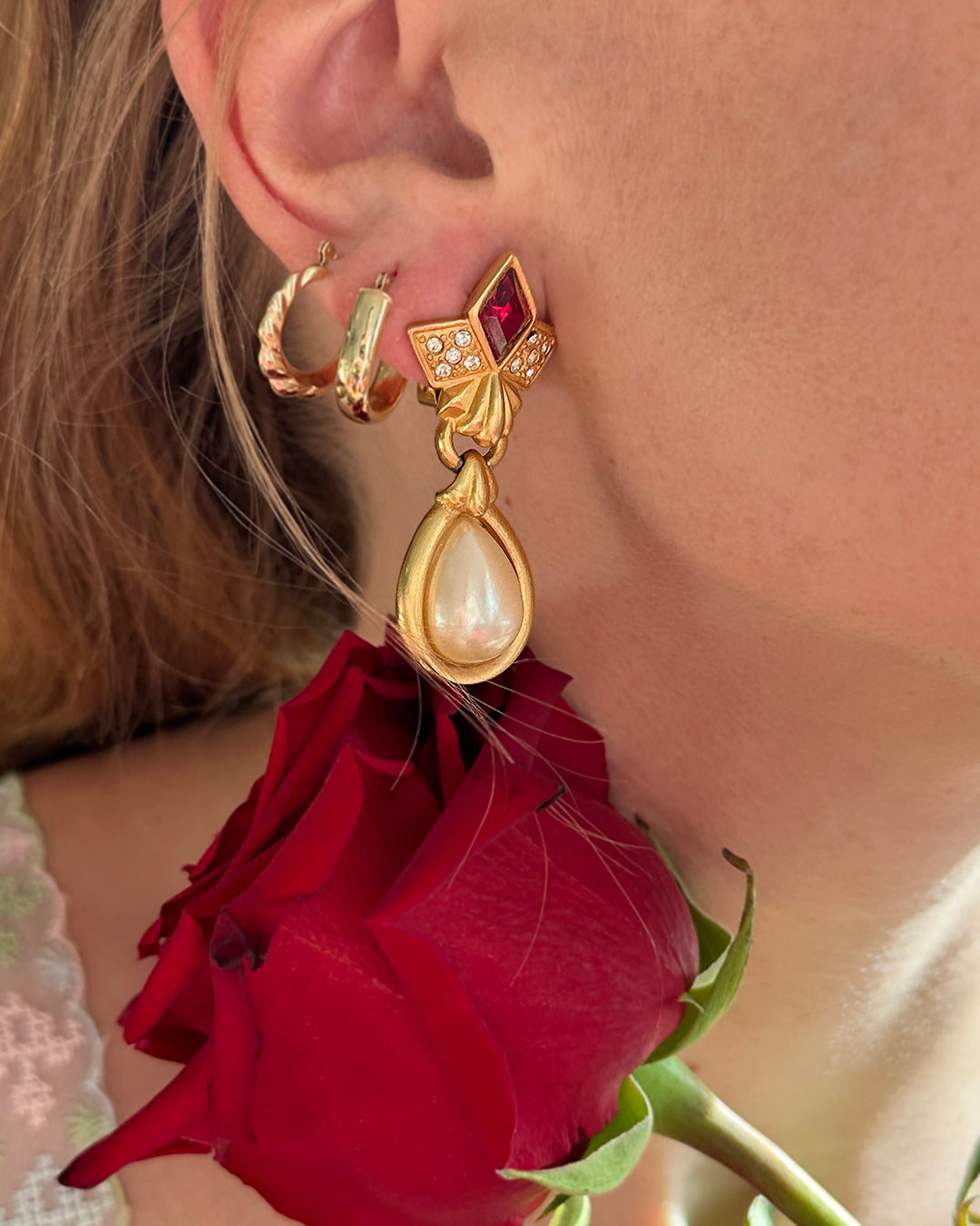 Custom for Adi - Vintage Ruby Paste Pearl Drop Earrings + Vintage Scarf
