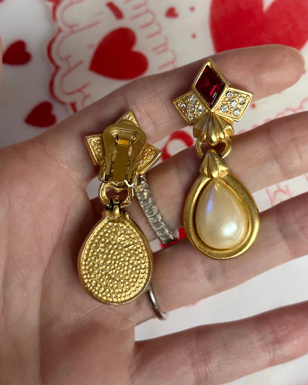 Custom for Adi - Vintage Ruby Paste Pearl Drop Earrings + Vintage Scarf