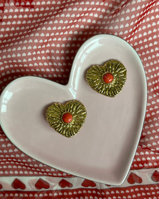 Vintage Cabochon Gold Heart Stud Earrings
