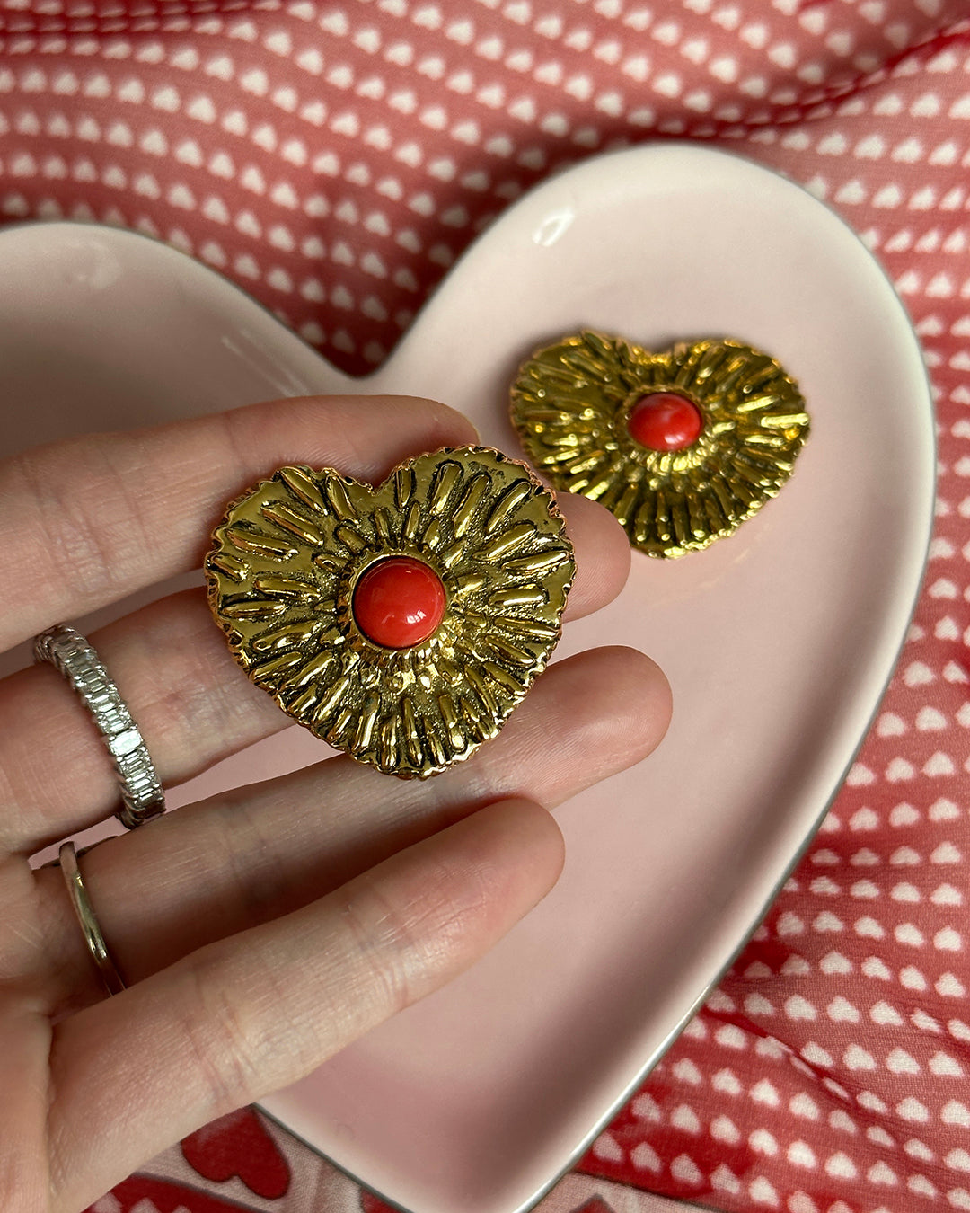 Vintage Cabochon Gold Heart Stud Earrings