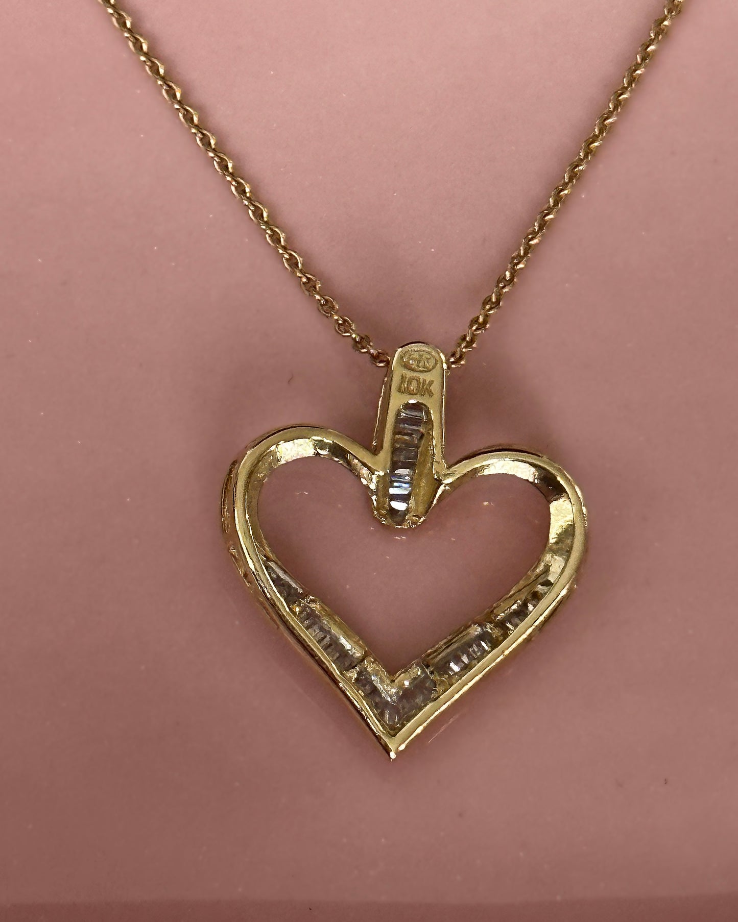 Vintage Baguette Diamond 10k Gold Heart Pendant