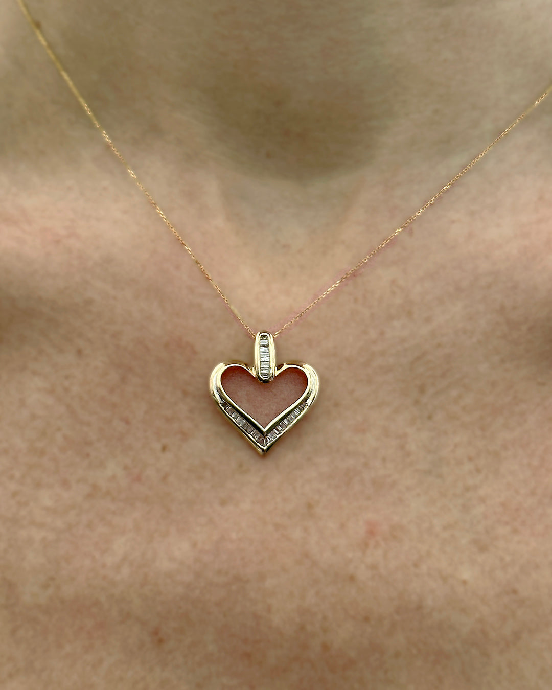 Vintage Baguette Diamond 10k Gold Heart Pendant