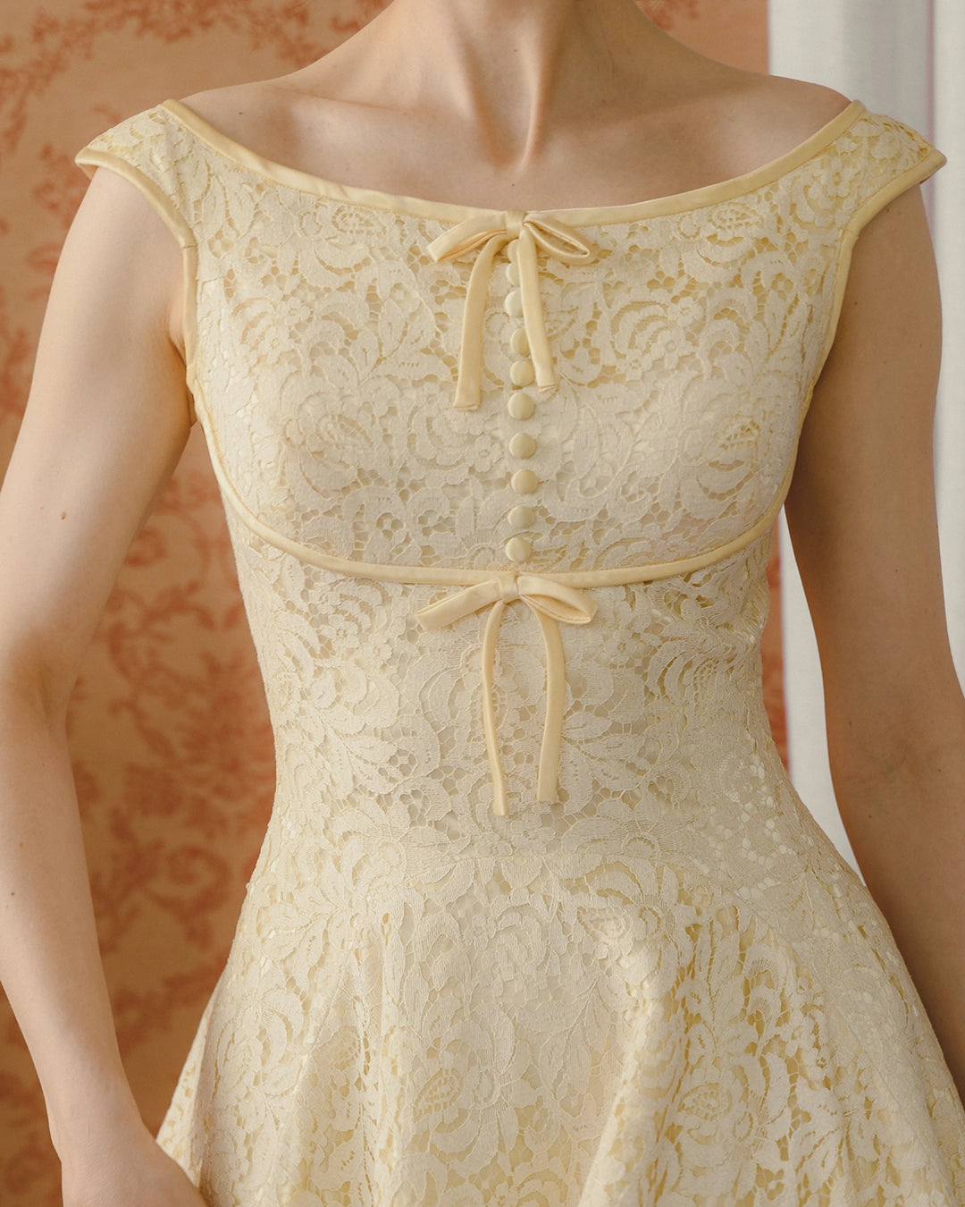 1950s Bateau-Neckline Cream Lace Fit And Flare Dress
