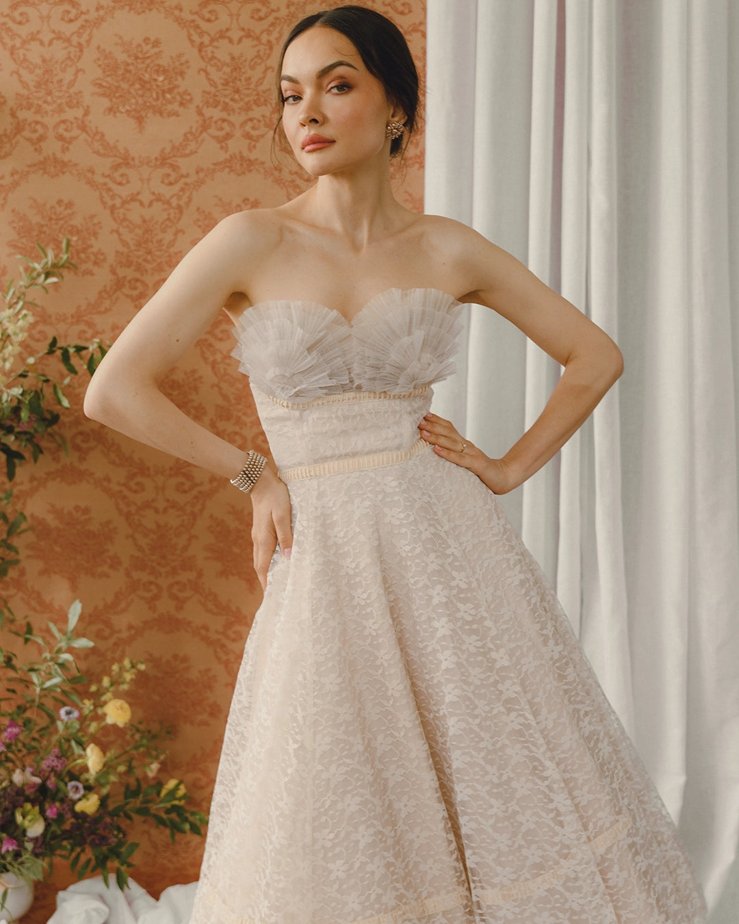 Vintage 1950s Lace and Tulle Cocktail Dress With Sunray-Pleated Tulle Ruffled Chest