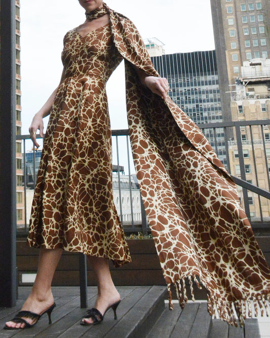 1950s Adele Simpson Printed Silk Sheath Dress with Matching Fringed Shawl/Sash