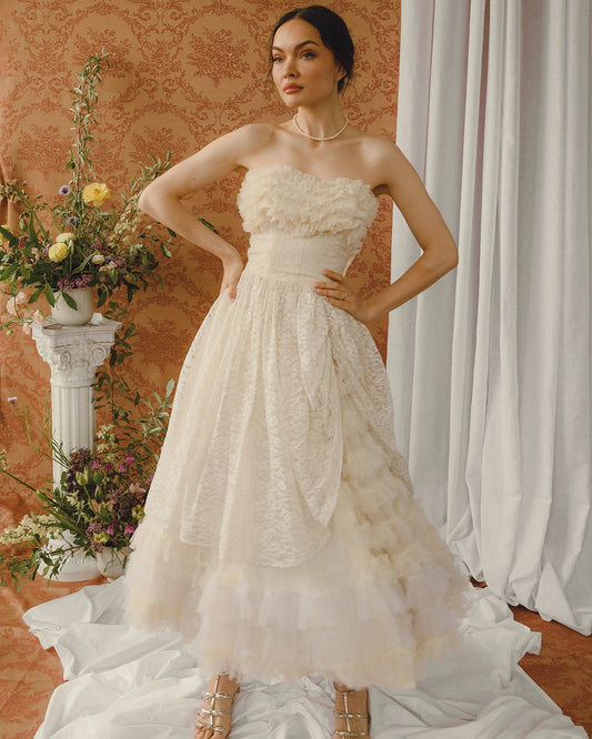 VINTAGE 1950s BUSTLED LACE AND TULLE-RUFFLE PARTY DRESS