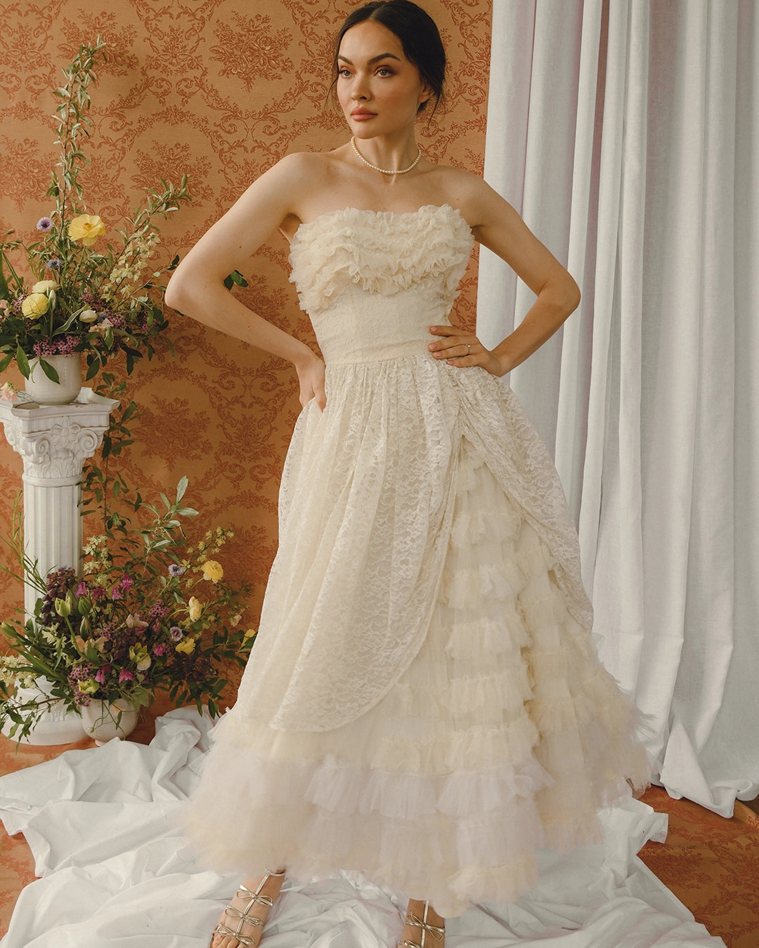 Vintage 1950s Bustled Lace And Tulle-Ruffle Party Dress