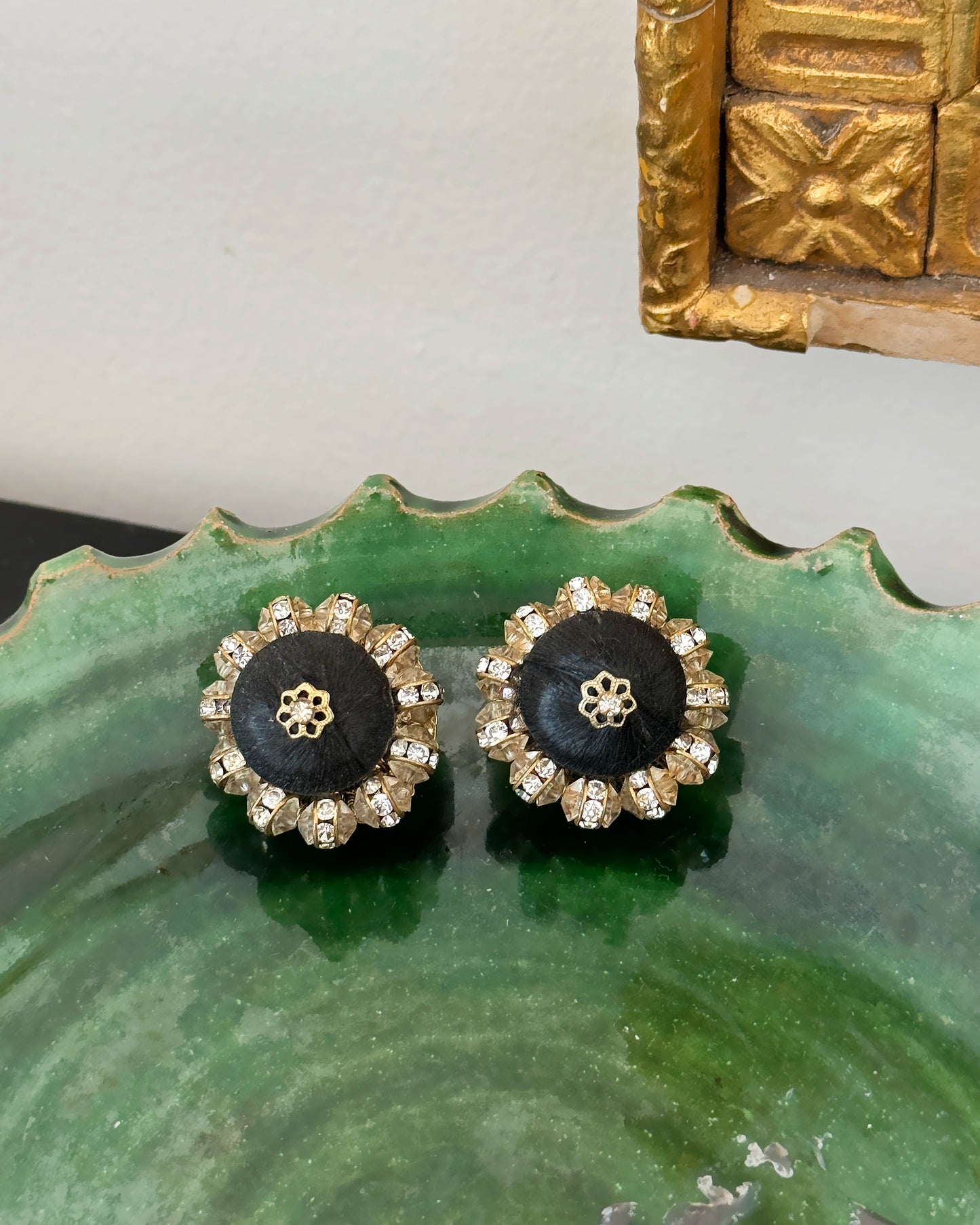 1950s VENDOME SILK & CRYSTAL BUTTON EARRINGS