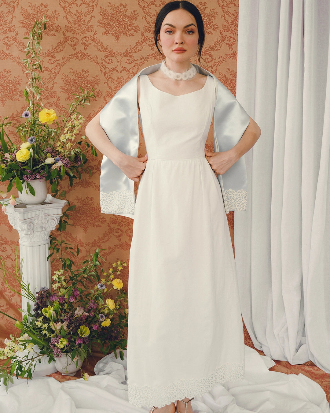 1960s White Pique Column Dress With Matching Shawl