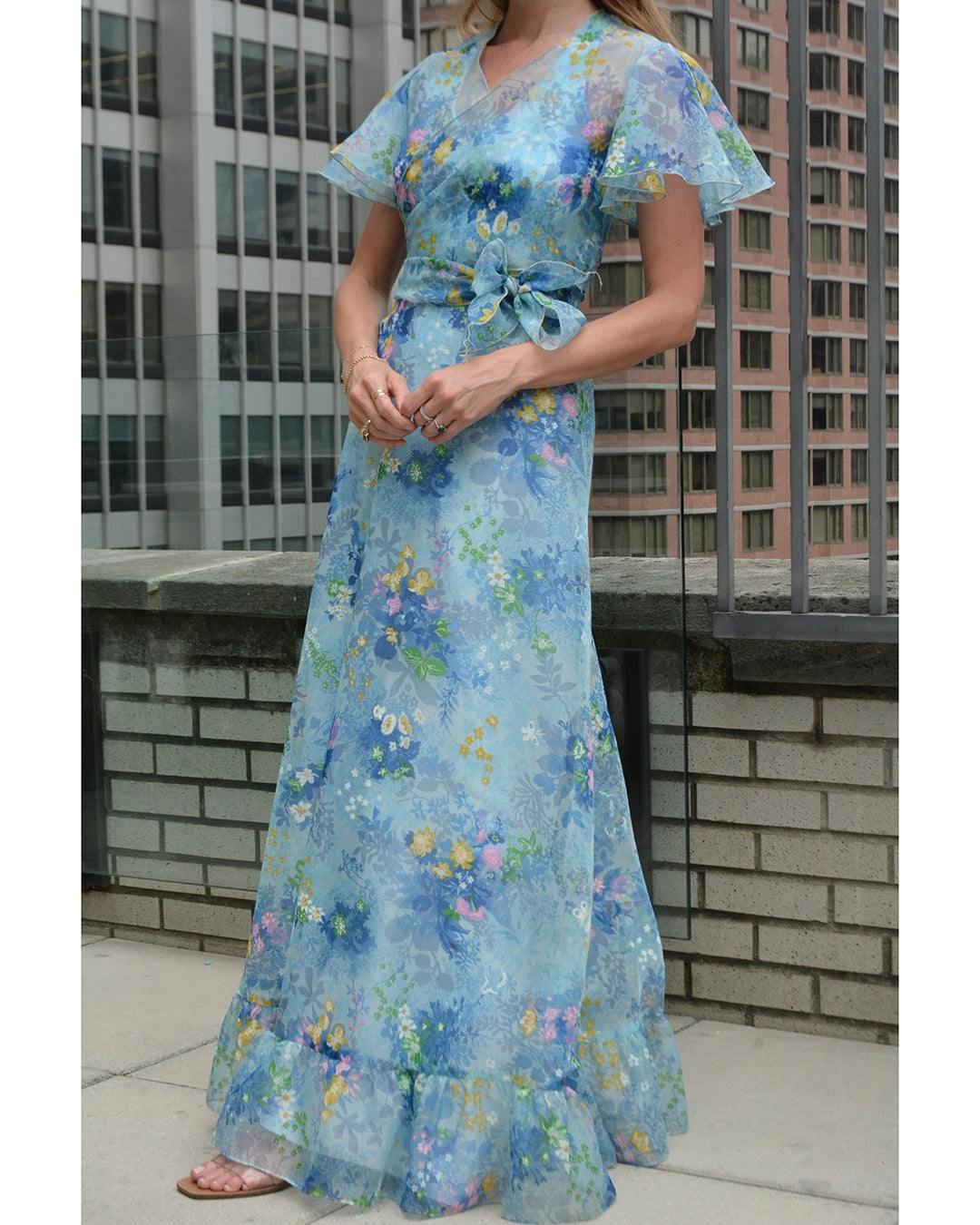1970s Floral Halter Dress with Handpainted Details and Matching Wrap Bolero