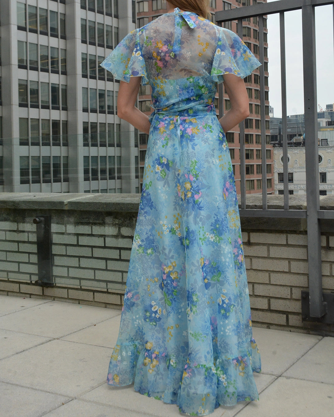 1970s Floral Halter Dress with Handpainted Details and Matching Wrap Bolero