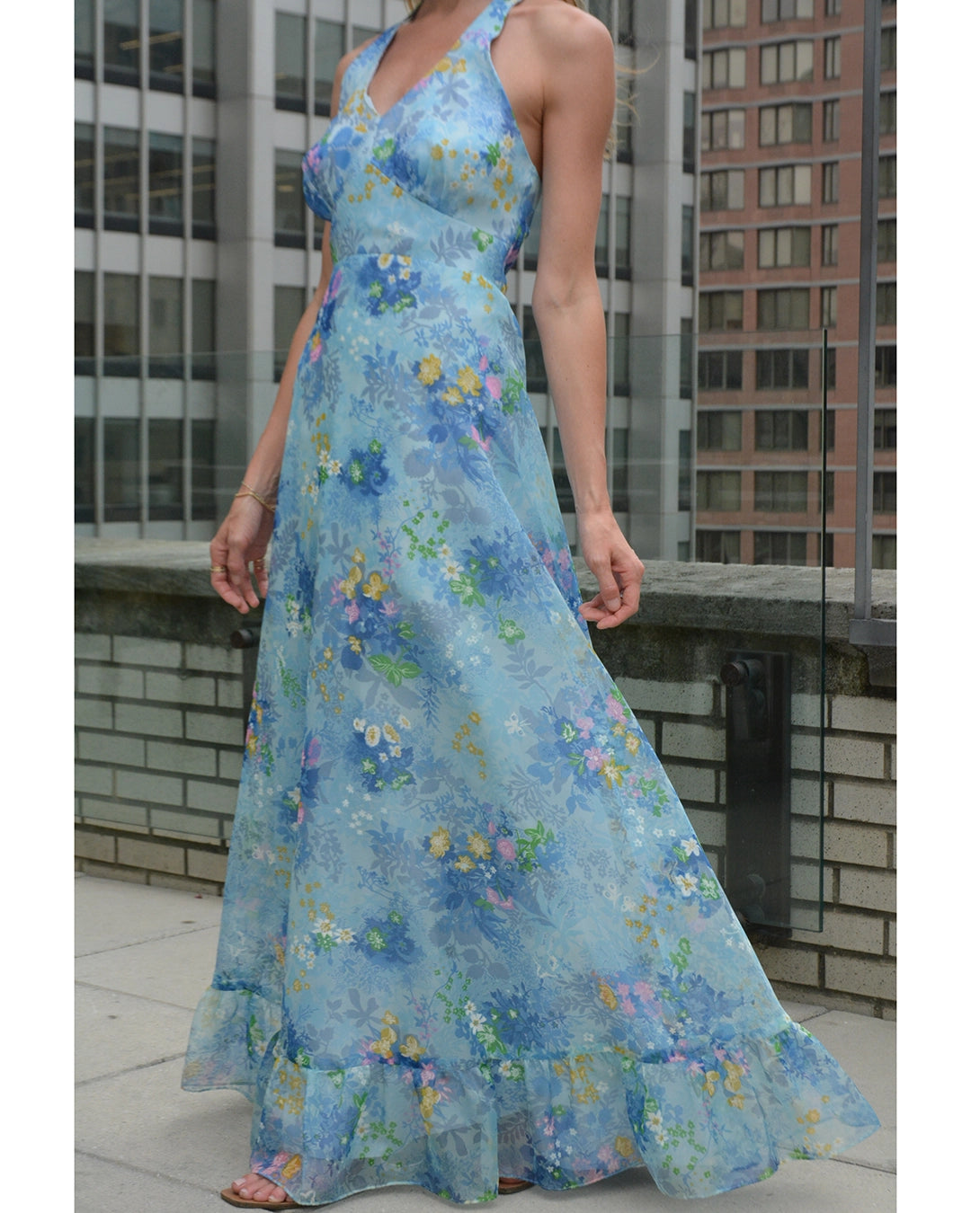 1970s Floral Halter Dress with Handpainted Details and Matching Wrap Bolero