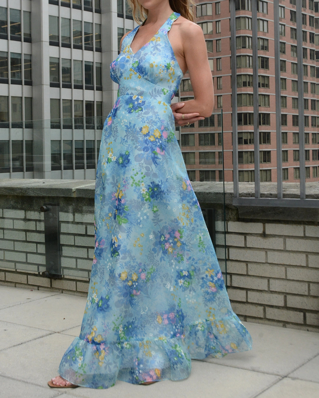 1970s Floral Halter Dress with Handpainted Details and Matching Wrap Bolero