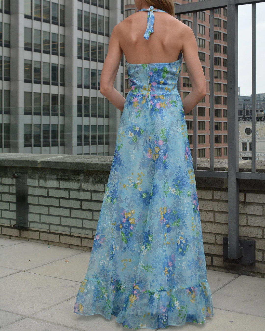 1970s Floral Halter Dress with Handpainted Details and Matching Wrap Bolero