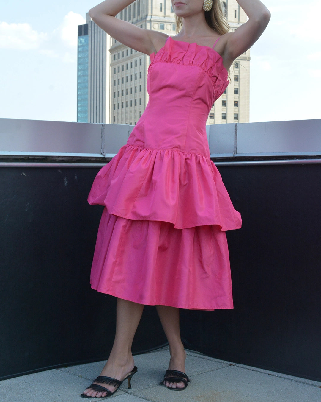 1980s Drop-Waist Peplum Taffeta Party Dress