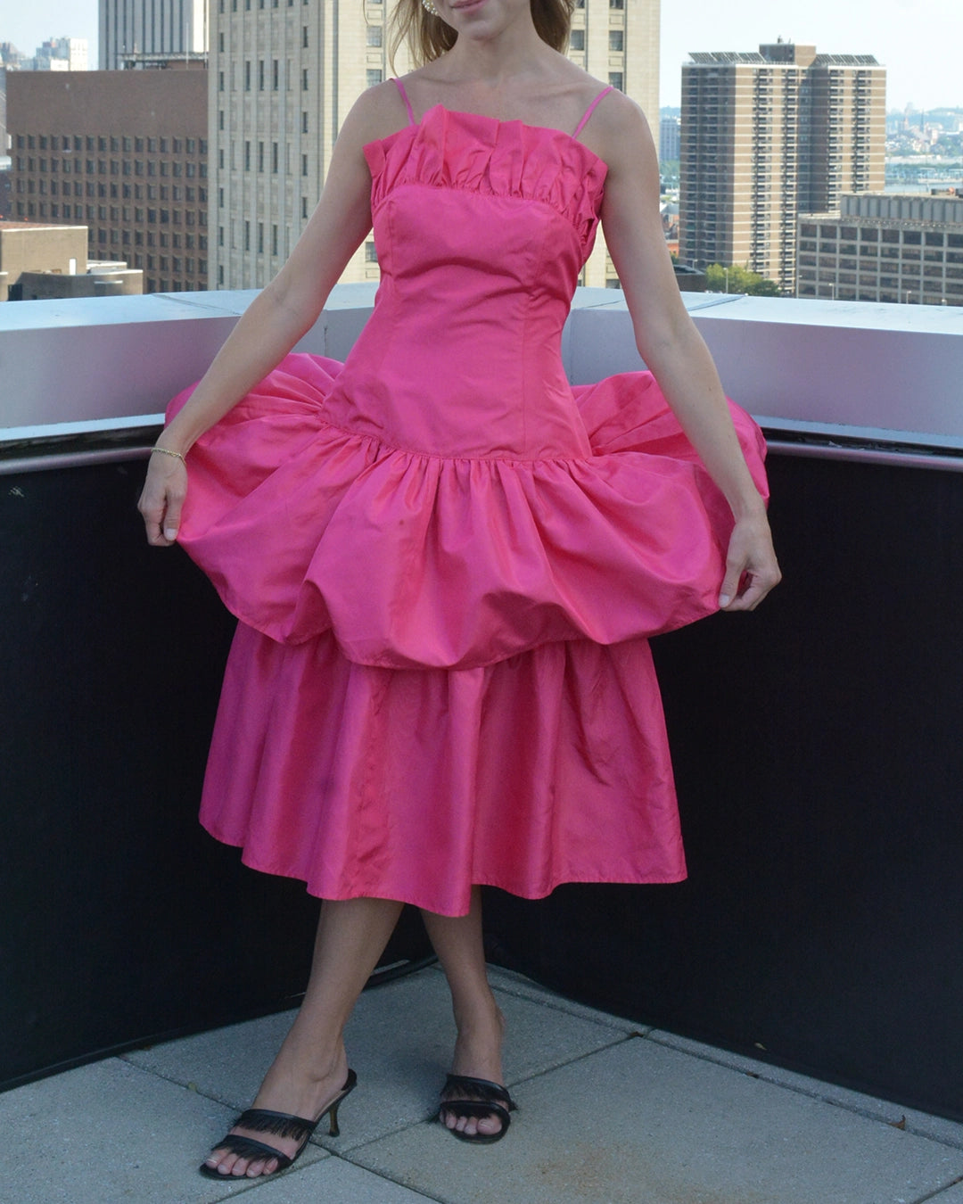 1980s Drop-Waist Peplum Taffeta Party Dress