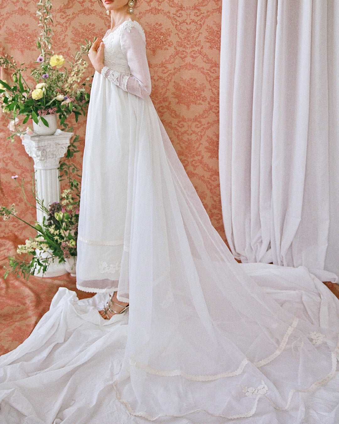 1960s Empire Waist Regency-Style Bridal Gown With Crochet Lace Appliqué And Train
