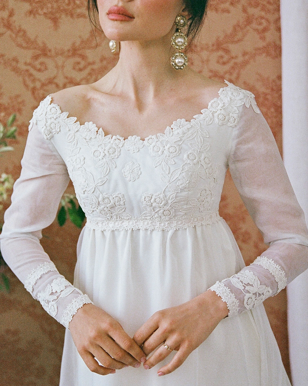 1960s Empire Waist Regency-Style Bridal Gown With Crochet Lace Appliqué And Train