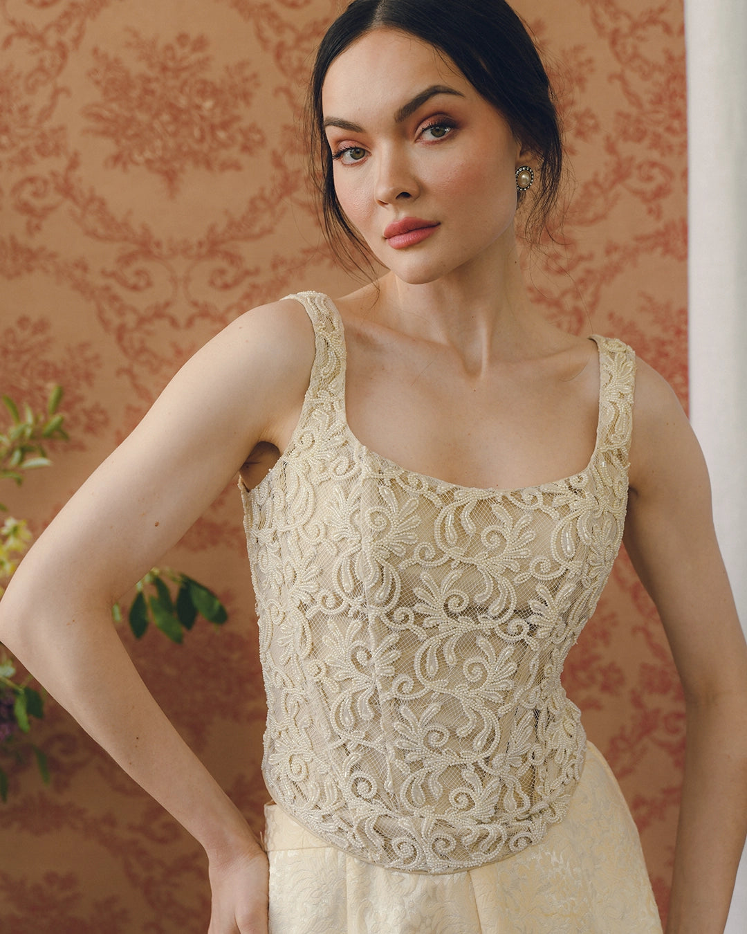 90s Designer Vintage Ivory Beaded Corset Top