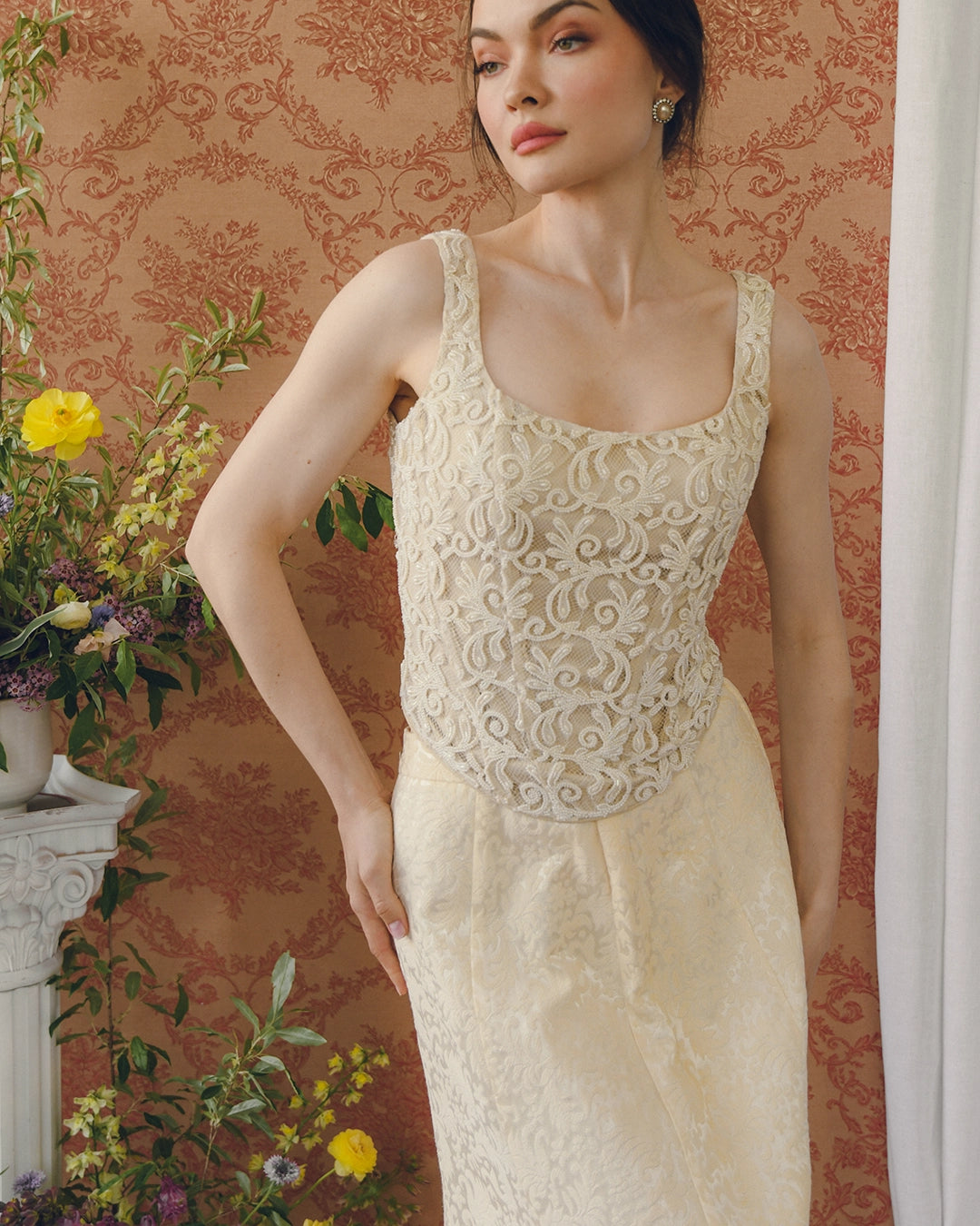 90s Designer Vintage Ivory Beaded Corset Top
