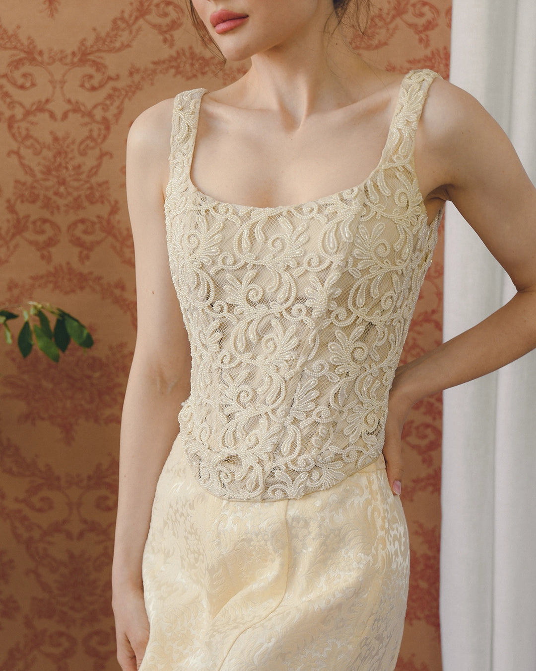 90s DESIGNER VINTAGE IVORY BEADED CORSET TOP