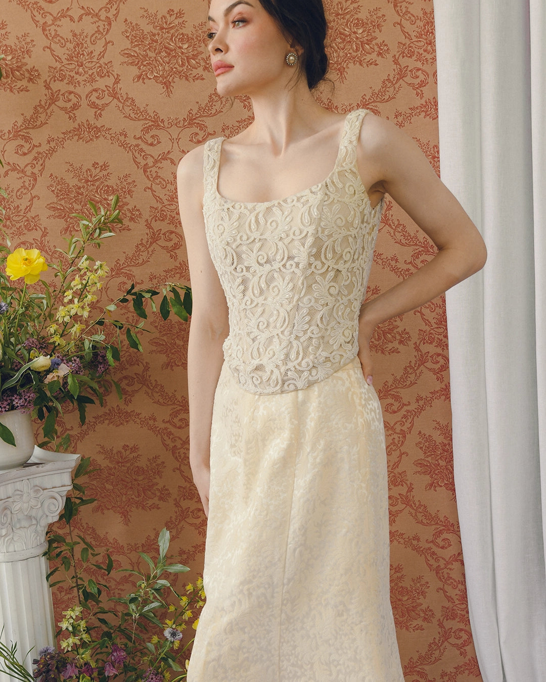 90s Designer Vintage Ivory Beaded Corset Top