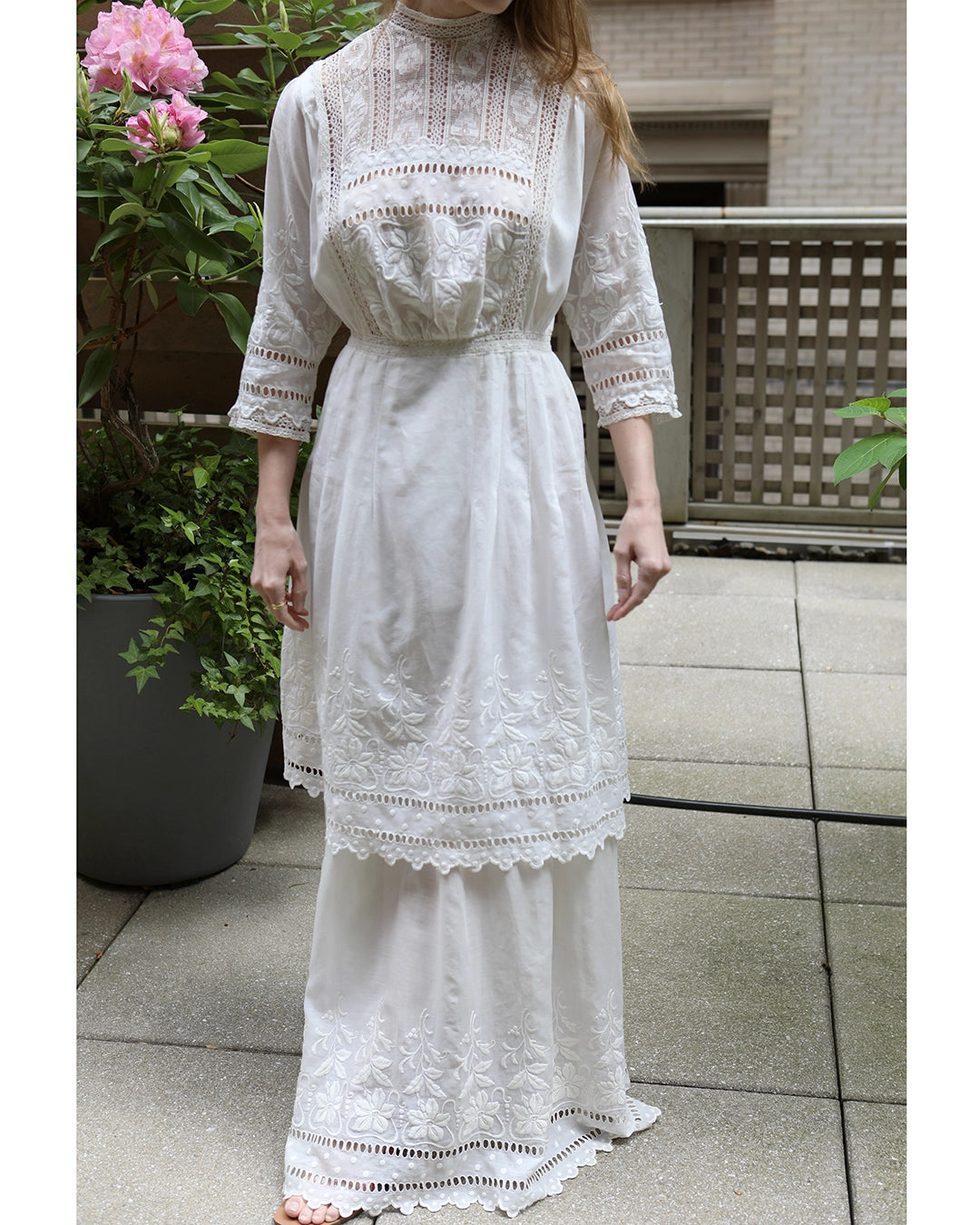 Antique Edwardian Ivory Embroidered Lace Lawn Dress With Underskirt