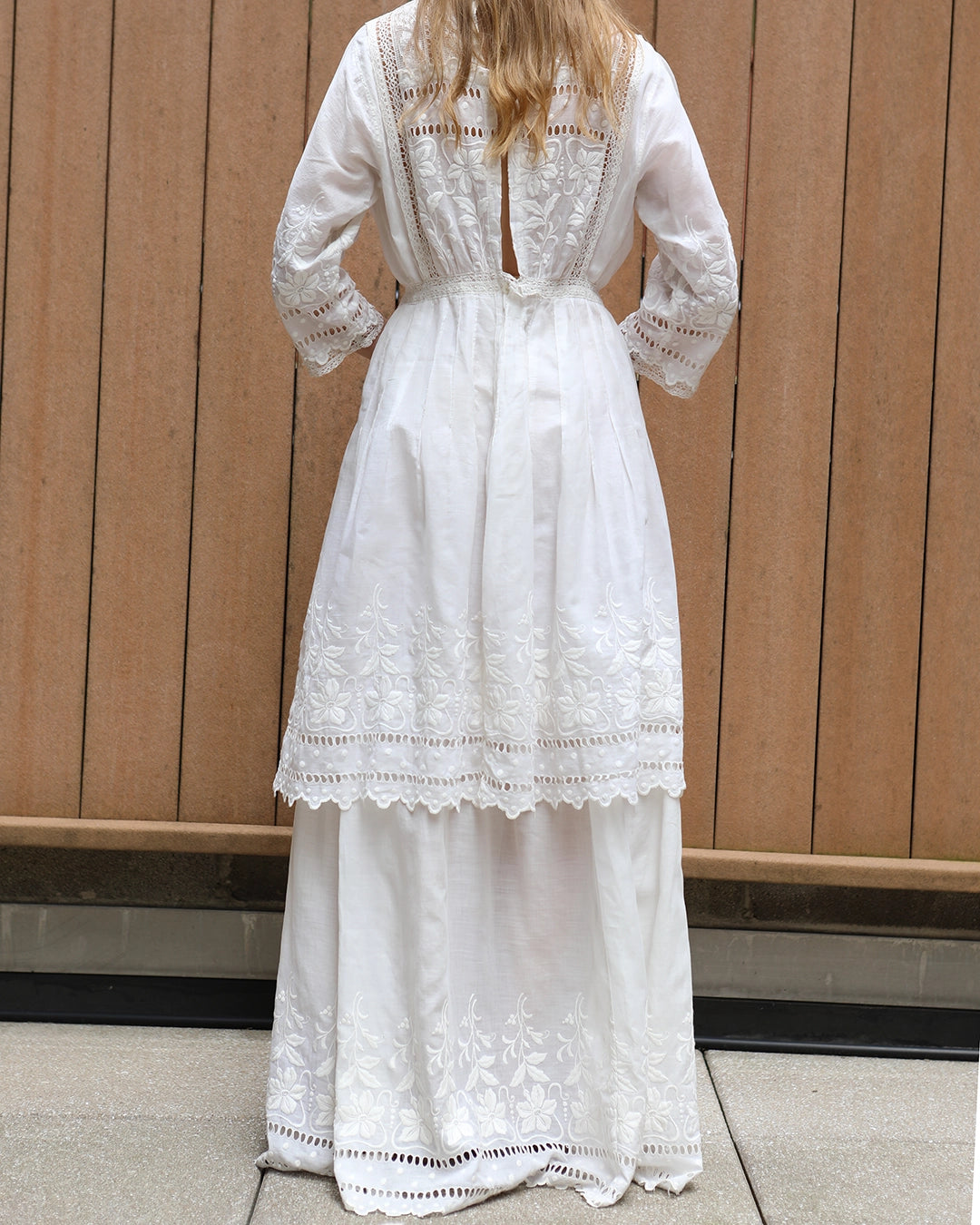 Antique Edwardian Ivory Embroidered Lace Lawn Dress With Underskirt