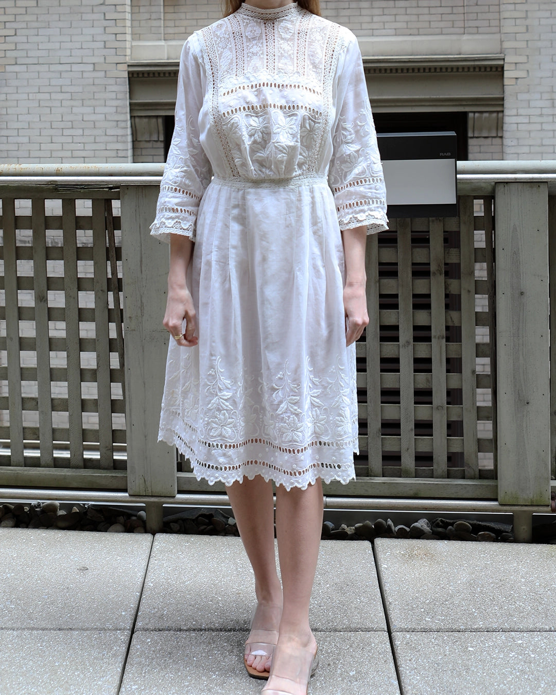 Antique Edwardian Ivory Embroidered Lace Lawn Dress with Underskirt