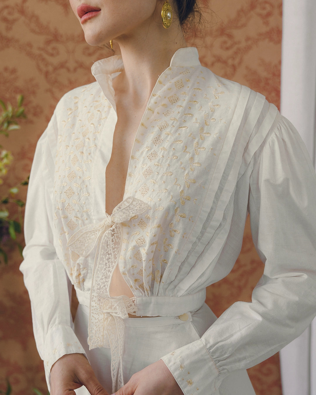 Antique Edwardian Ribbon-Tie Blouse With Hand-Embroidery, circa 1900